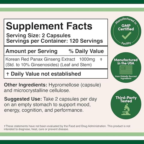 Double Wood Supplements - Cápsulas de Ginseng (Extrato de Ginseng Vermelho Coreano, Panax Ginseng 10%% Ginsenosides) (Fornecimento de 4 Meses) 240 Cápsulas Veganas – 1.000mg por Porção para Humor, Função Cognitiva e Energia
