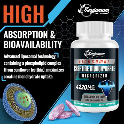 Zeylamum - Tabletes de Creatina Mastigáveis para Homens – Aumente sua Performance Muscular com Creatina em Tabletes – Marca Líder em Suplementos