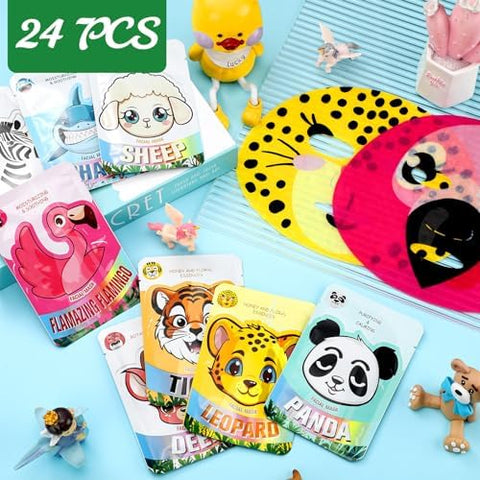24 Pcs Máscaras Faciais Tema Animal para Pele com Personagens de Animais – Máscaras Divertidas com Fragrância para Cuidados com a Pele de Meninas, Mulheres e Adolescentes – Festa de Spa, Noite das Meninas - Dunzy