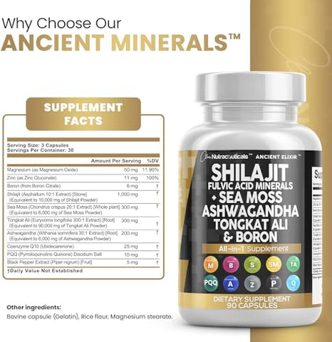 Clean Nutraceuticals - Shilajit 10.000mg com Sea Moss 6000mg, Ashwagandha 6000mg, Tongkat Ali, Boro, Magnésio – Cápsulas de Ácido Fúlvico para Homens – 90 Unidades