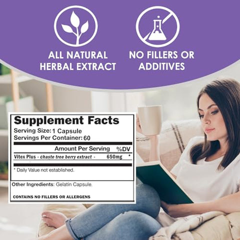 VITEX | Suplemento de Vitex Chasteberry para Mulheres | Equilíbrio Hormonal* e Suporte à Fertilidade* | 650mg por Porção de Extrato de Bagas de Vitex em Pó | 60 Cápsulas - VH Nutrition
