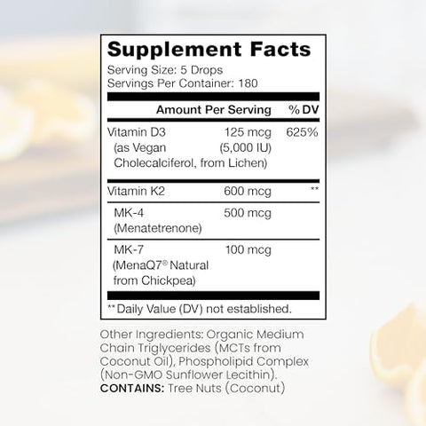 Pure Therapro Rx - Vegan D3 K2 Orgânico 100% Lipossomal | 180 Porções | Máxima Absorção de Vitamina D3 e Vitamina K2 para Homens e Mulheres, Vitamina D3 5000 UI, Vitamina D3 Líquida com K2