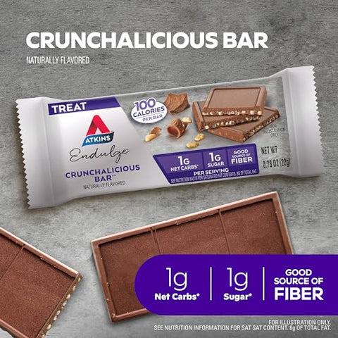Endulge Treat Barra Crunchalicious, 1g Carboidratos Líquidos, 1g Açúcar, Rica em Fibras, Amigável para Keto, 16 Unidades - Atkins