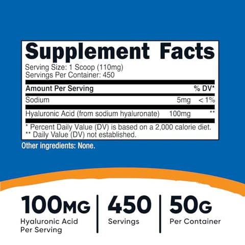 Ácido Hialurônico em Pó 50g – Solúvel em Água, Fino, Sem Glúten, Não-OGM - Nutricost