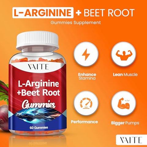 VAITE - L Arginine 1000mg Gomas de Beterraba – Dupla Potência, Estímulo Energético, Suporte à Circulação e Resistência, Suplemento Orgânico de Beterraba Mastigável para Homens e Mulheres, Vegano