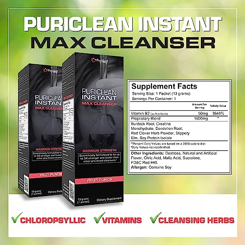 Puriclean Instant Max Cleanser – Pó de Ação Rápida 5X Mais Forte, Sabor de Ponche de Frutas, Detox de Limpeza Herbal Premium, Limpeza Completa do Corpo, Ideal para Níveis Elevados de Toxinas, 1 - Wellgenix