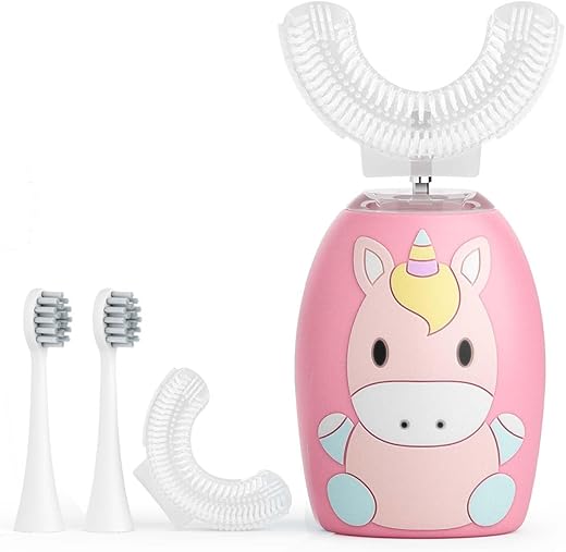 WKSHUNLI - Escova de Dentes Elétrica Infantil, U Shaped com 4 Cabeças de Escova, Ultrassônica Automática com 2 Modos para Idade de 2-12 Anos, Escova de Dentes Completa à Prova d’Água IPX7