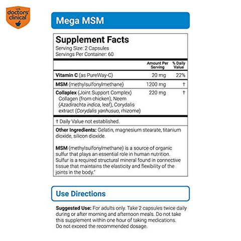 U.S.DOCTORS'CLINICAL - U.S. Doctors’ Clinical – Suporte Diário Mega MSM para Conforto das Articulações – 60 cápsulas