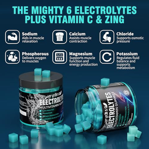 VIFSSG - Gomas de Eletrólitos Sem Açúcar, 120 Gomas Mastigáveis de Eletrólitos com 6 Eletrólitos para Corredores e Esportes de Resistência, Sabor Refrescante de Framboesa Azul, Gomas de Eletrólitos para Hidratação, 1 Pacote