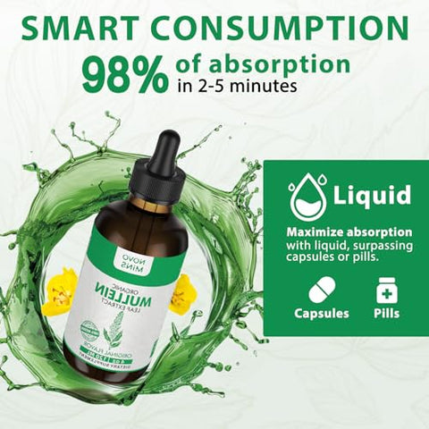 Novomins - Gotas de Mullein para Limpeza dos Pulmões, Extrato de Folha de Mullein Vegano com Clorofila, Suporte Imunológico e Respiratório – 120 ml