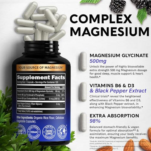 NUTRAHARMONY - Magnésio Glicinato 500 mg – Suplemento com Vitamina D3 : Magnésio Glicinato 500 mg