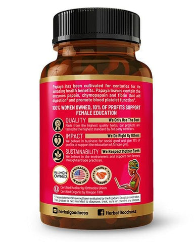 Cápsulas de Folha de Mamão Herbal Goodness – 60/600mg 20x Potência – Suporte a Plaquetas Sanguíneas, Medula Óssea, Imunidade – Fórmula de Limpeza Sanguínea – Remédio Herbal – Fabricado nos EUA