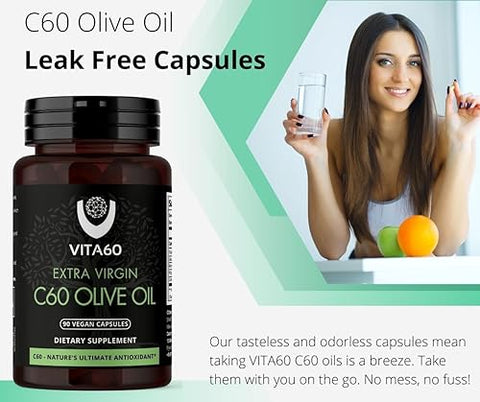 VITA60 - Cápsulas de Óleo C60 | Vitalidade Antienvelhecimento e Suporte Antioxidante | C60 Puro 99,99% Livre de Solventes | Óleo Orgânico | Amigável aos Veganos | Atendimento ao Cliente Superior (Azeite)