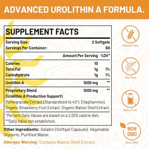 Pepeior - Urolithin A 120 Softgels 1 Frasco— 2000MG | Suplemento de Urolitina A | Marca em Destaque