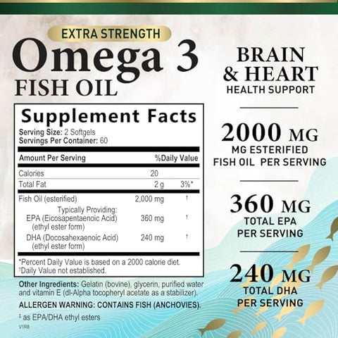Health Nutrition Naturals - Óleo de Peixe Ômega 3 2000mg Triplo Forte Cápsulas de Liberação Rápida, Suplementos de Ômega-3, Saúde Natural do Cérebro, Coração e Articulações