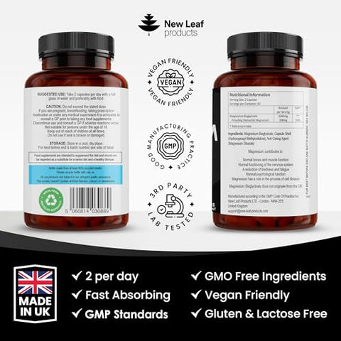 New Leaf Products - Magnésio Glicinato – 120 Cápsulas de Alta Potência – 1040mg de Magnésio Fornecendo 208mg de Magnésio Elemental por Porção – Ingrediente Ativo Puro – Fabricado no Reino Unido