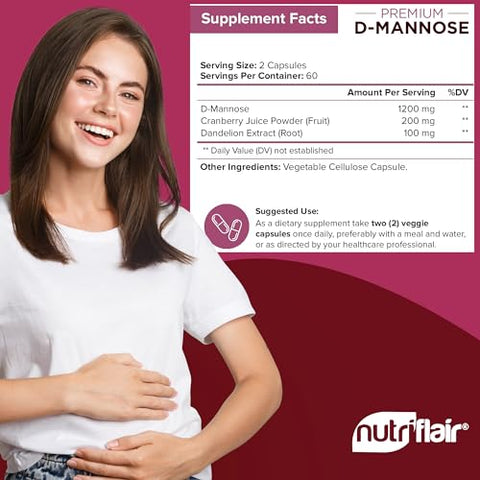 D-Mannose 1500mg – 120 Cápsulas com Extrato de Cranberry e Dente-de-leão – Suporte Natural para a Saúde do Trato Urinário – Melhor Pó de D-Mannose – Elimina Impurezas, Desintoxica - NutriFlair