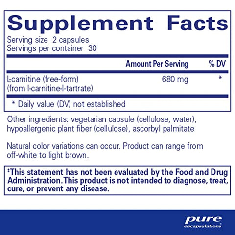 L-Carnitine | Suporte Cardiovascular e Resistência | 60 Cápsulas - Pure Encapsulations