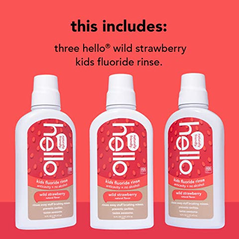 hello - Hello Kids Enxaguante Bucal de Morango Silvestre Natural – Vegan, Livre de Álcool e SLS – Crianças a partir de 2 anos – 16 Ounce (Pack com 3)