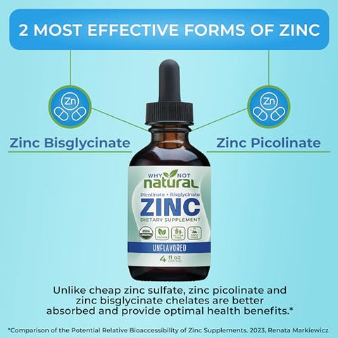 Why Not Natural - Suplemento Líquido de Zinco Orgânico em Gotas com Picolinato e Bisglicinato de Zinco 118 ml, Certificado Orgânico pelo USDA, Sem Glúten, Vegano e Livre de Transgênicos (Sem Sabor)