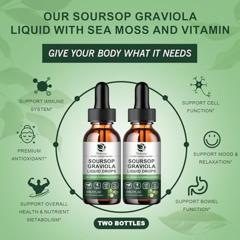 Lukaree - (2 Pacotes) Extrato Líquido de Folha de Graviola Soursop + Musgo do Mar Botânico Puro para Suporte Celular : Pure Botanical