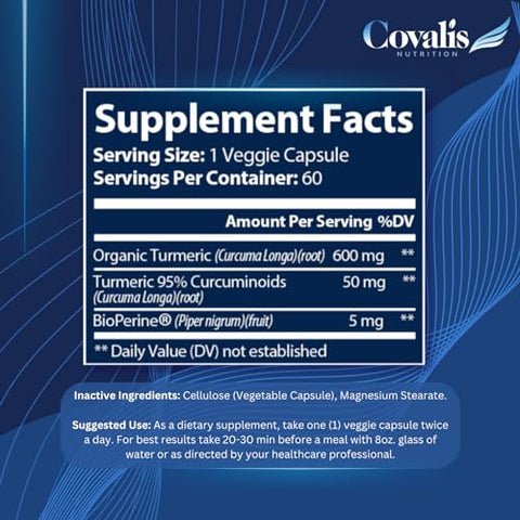 Covalis Nutrition - Turmibrex Orgânico – Suplemento de Cúrcuma Curcumina | 95% Curcuminoides com BioPerine | Suporte para Articulações
