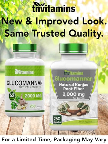 tnvitamins - Glucomannan Capsules 2000 MG – 250 Unidades | Extrato Natural de Raiz de Konjac em Pó | Fibra Solúvel | Suplemento de Fibra Alimentar
