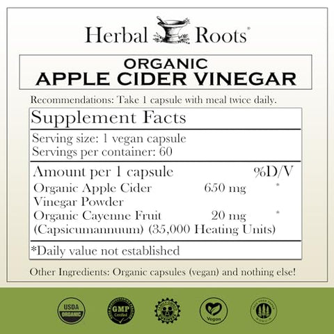 Herbal Roots - Cápsulas Veganas de Vinagre de Maçã Orgânico Herbal Roots com Mãe e Pimenta Caiena Orgânica | 650 mg | 60 Cápsulas | Marca