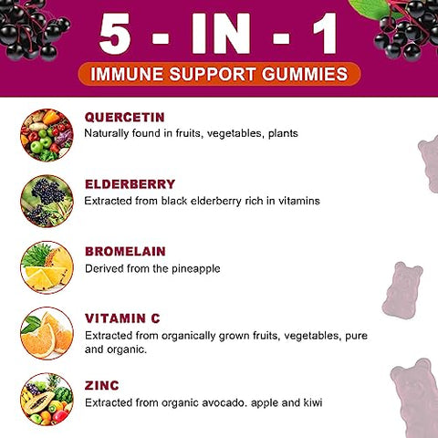 M inch - (2 Pacotes) Gomas de Quercetina com Bromelina, Sabugueiro, Zinco e Vitamina C – Quercetina Mastigável 1000 mg para Imunidade, Cardiovascular, Alergia, Suporte ao Envelhecimento – Vegano