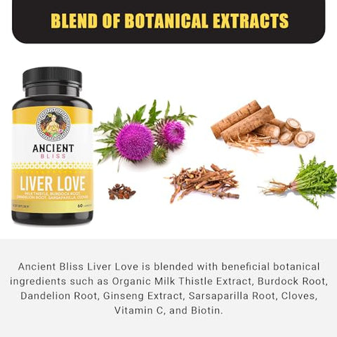 Liver Love – Desintoxicação Natural do Fígado com Cardo Mariano – Suporte à Saúde do Fígado em Homens e Mulheres – 60 Cápsulas – com Bardana, Dente-de-leão - Ancient Bliss