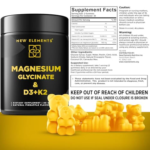 New Elements - Calm Gummies de Magnésio Glicinato 500mg com Vitamina D3 10000 UI e Vitamina K2 100mg – Relaxamento Saudável para Adultos, Vegano, Não-OGM