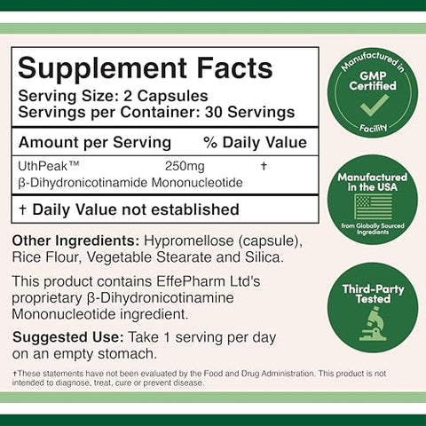 Double Wood Supplements - NMNH (NMN Alternativo) 250mg Por Porção, 60 Unidades (30 Porções) – Suplemento NAD para Aumentar os Níveis de NAD Conforme Envelhecemos (Sem OGM, Sem Glúten)