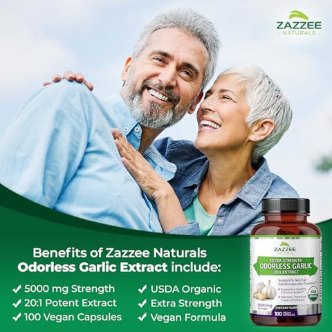 Extrato de Alho Orgânico Odorless USDA 20:1, 5000 mg de Força, 100 Cápsulas Veganas, Suprimento de 3 Meses, Padronizado, Extrato Concentrado 20X, 100% Vegetariano, Natural - Zazzee