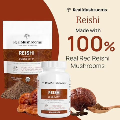 Reishi Cápsulas – Extrato de Cogumelo Orgânico com Potente Reishi Vermelho para Longevidade, Humor e Sono – 100% Natural e Eficaz - Real Mushrooms