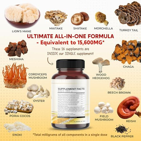 PEAKPURY - Lion’s Mane 6000mg Turkey Tail 6000mg Cordyceps 3000mg Reishi 3000mg Chaga 3000mg – Suporte Geral ao Bem-Estar – Fabricado nos EUA