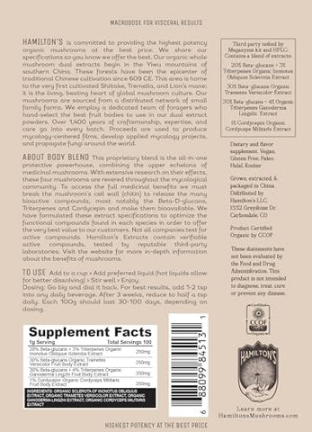 Hamilton's - Hamilton’s Body Blend | Pó de Extrato de Cogumelo Orgânico | Chaga, Cordyceps, Reishi, Turkey Tail | Suporte Imunológico, Resistência e Redução do Estresse | Alta Potência | 30% Beta Glucanos | GF | 100g