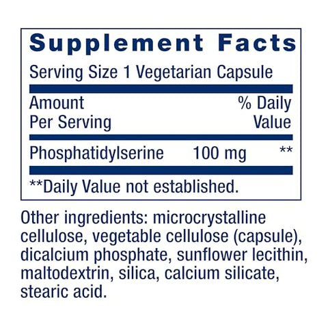 PS Caps: Fosfatidilserina para desempenho cognitivo, sem glúten, não transgênico, vegetariano, 100 cápsulas - Life Extension