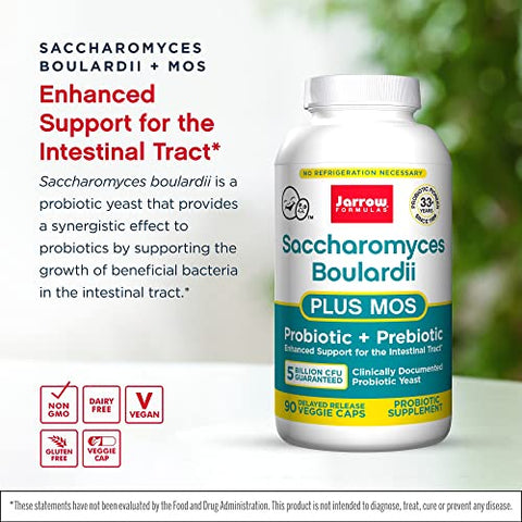 Saccharomyces Boulardii MOS – 5 Bilhões de Organismos Vivos por Porção – 90 Cápsulas Vegetais de Liberação Retardada, 2 Pacotes – Probiótico Prebiótico – Trato Intestinal - Jarrow Formulas