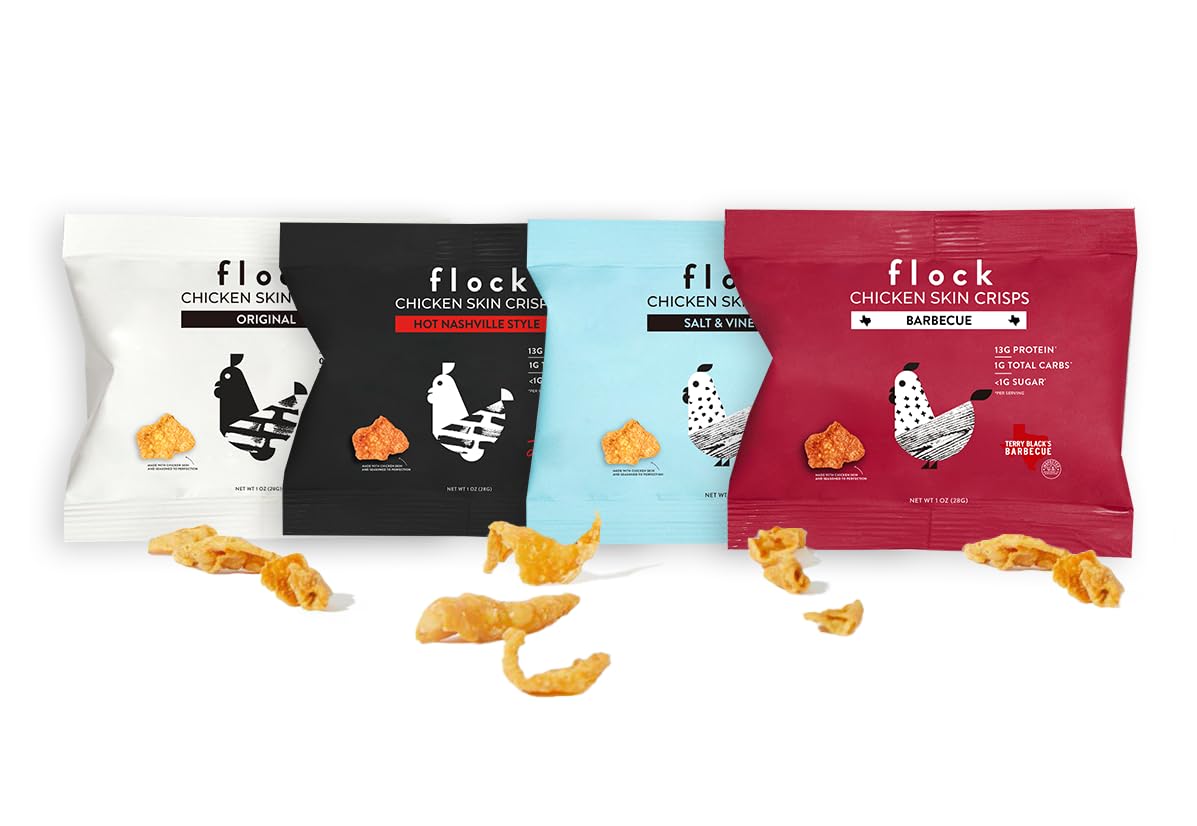 Keto – Pacote com 4 Sabores de Chips de Pele de Frango | Baixo Carboidrato, Alto Teor de Proteína, Sem Açúcar, Sem Glúten | Chips de Frango Crocantes para Pessoas | 8-Pack (28g) - Flock