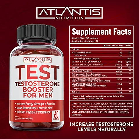 Atlantis Nutrition - Gummies de Aumento de Testosterona para Homens – Potencializador Masculino, Aumenta Energia