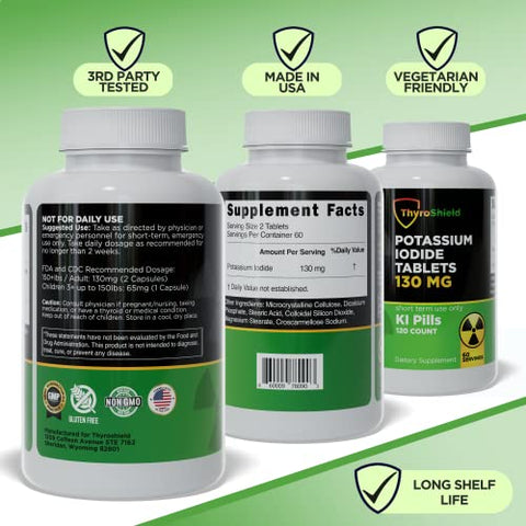 ThyroShield - Comprimidos de Iodeto de Potássio 130 mg | 120 unid. de Comprimidos de Iodo para Exposição à Radiação – Pílulas de Iodeto de Potássio – YODO Naciente – Pílulas de KI – Fabricado nos EUA –