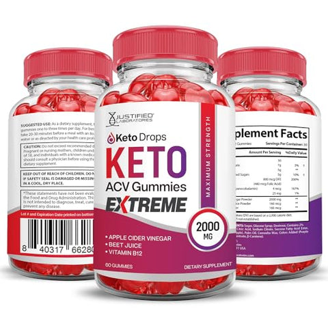 Justified Laboratories - (2 Pacotes) Gomas Keto Drops Keto ACV Extreme 2000MG Fórmula Avançada de Gomas Keto Drops Keto com Vinagre de Maçã, Romã e Beterraba em Pó B12 Vegano Não GMO 120 Gomas