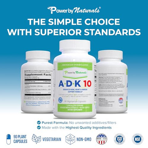 Suplemento Vitamínico ADK 10 de Alta Potência com Vitaminas A, D3 10.000 UI - Power By Naturals