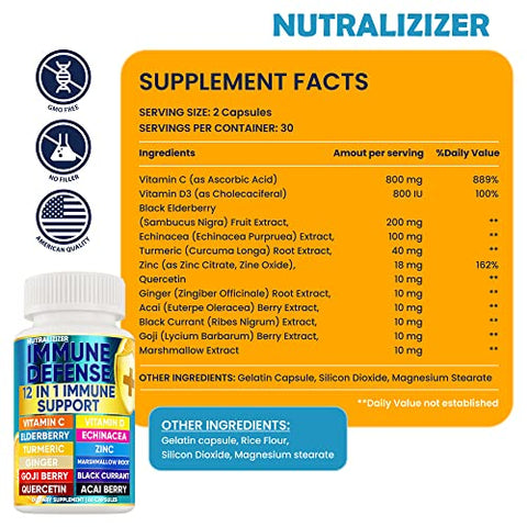 NUTRALIZIZER - 12 em 1 Vitaminas Premium de Defesa Imunológica – Suplemento Imunológico com Vitamina D3 5000 UI Vitamina С 1000mg Zinco 50mg – Escolha Luxuosa para Suporte Imunológico Premium – Com Equinácea e Sabugueiro