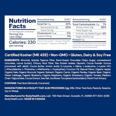 Barra de Proteína BodyHealth PerfectAmino com 10g de Proteína, MCT à Base de Plantas, Mistura de Superfoods, Kosher (Brownie, 12 Unidades)