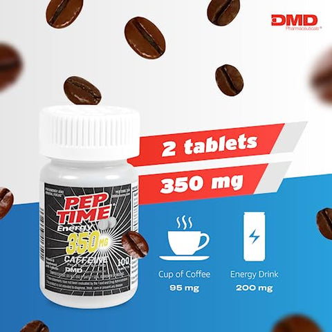 PEPTIME Energy - Tablets de Cafeína com Vitaminas B6 e B12, 350 mg de Cafeína por Porção, Suplemento para Desempenho Físico e Foco, 100 Unidades