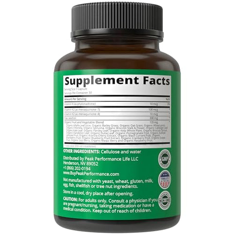 Peak Performance - Vitamina K com Mistura de 25 Vegetais e Frutas para Máxima Absorção. Cápsulas Veganas de Suplemento. Vitaminas K1, K-2 MK4 K2 Natto MK7. Alternativa a Gotas, Gomas