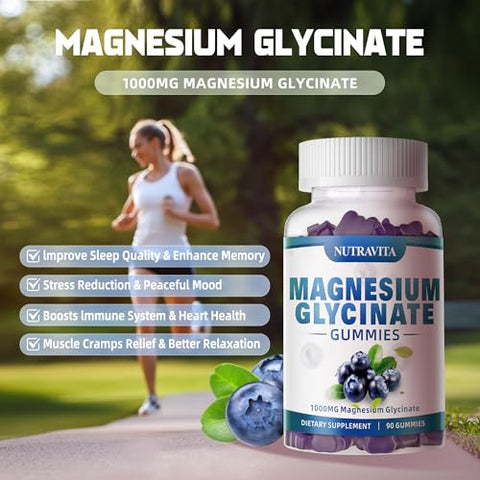 nutravita - Magnesium Glycinate Gummies 1000mg com Magnésio L-Treonato, Complexo de Magnésio Quelato de Potássio com VitD, B6, CoQ10, Cálcio, Suporte para Memória, Calma, Humor – 90 Gomas