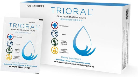 Pó de Reidratação e Suplemento de Eletrólitos – Fórmula de Sais da OMS – Combate a Desidratação de Treinos, Perda de Líquidos e Muito Mais – 100 Pacotes de Mistura para Bebidas - TRIORAL