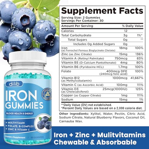 dilib - Gomas de Ferro com Multivitamina, Suplemento de Ferro para Mulheres